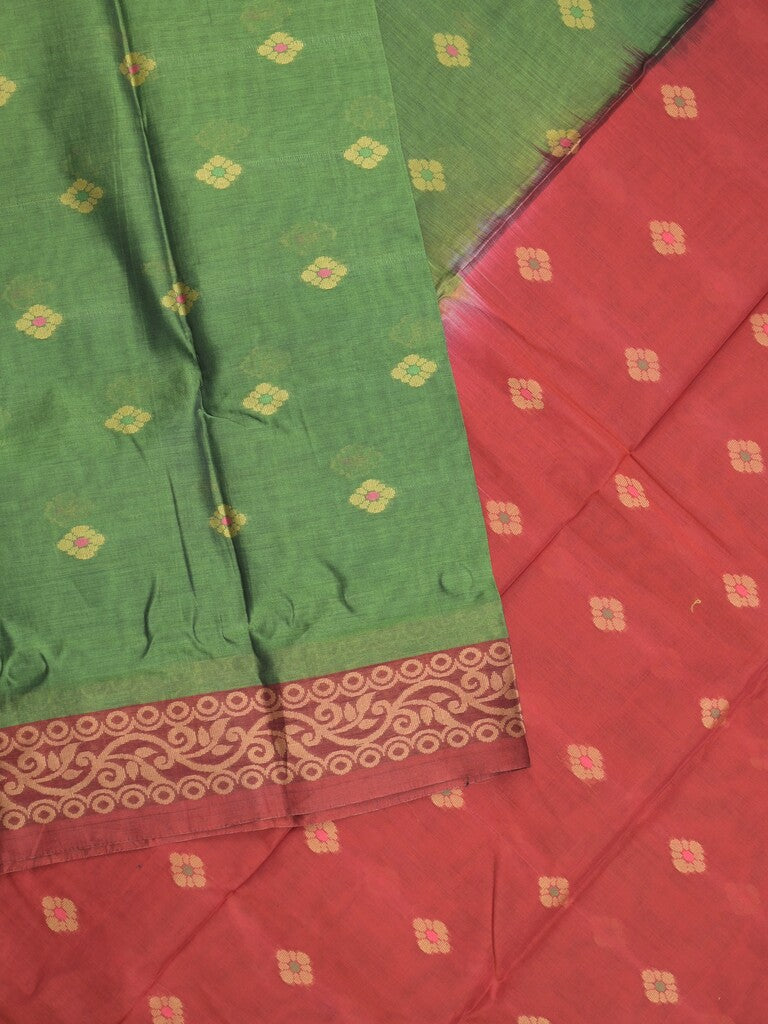 Dhaka cotton saree in bottle green color allover motifs with contrast pallu and attached blouse