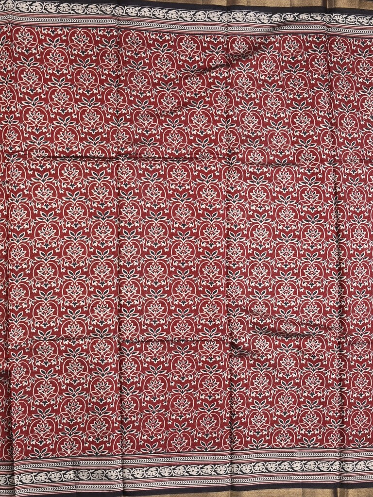 Maheshwari fancy saree red color allover prints & printed zari border with contrast pallu and attached blouse