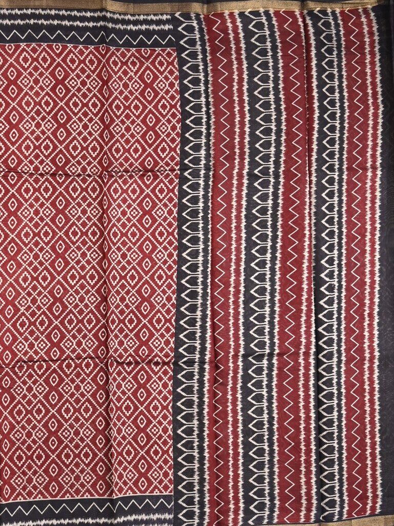 Maheshwari fancy saree red color allover prints & printed zari border with contrast pallu and attached blouse