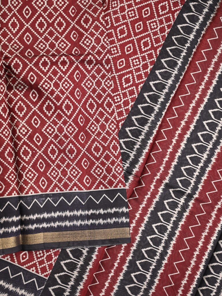 Maheshwari fancy saree red color allover prints & printed zari border with contrast pallu and attached blouse