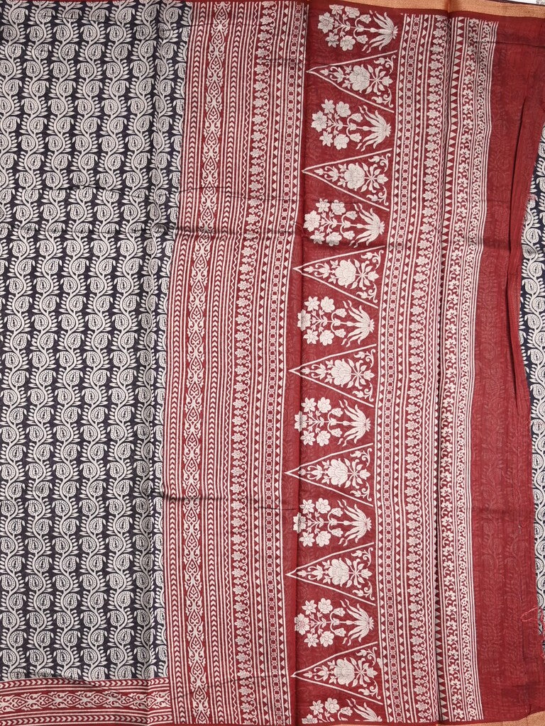 Maheshwari fancy saree black color allover prints & printed zari border with contrast pallu and attached blouse