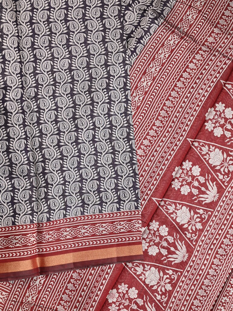 Maheshwari fancy saree black color allover prints & printed zari border with contrast pallu and attached blouse