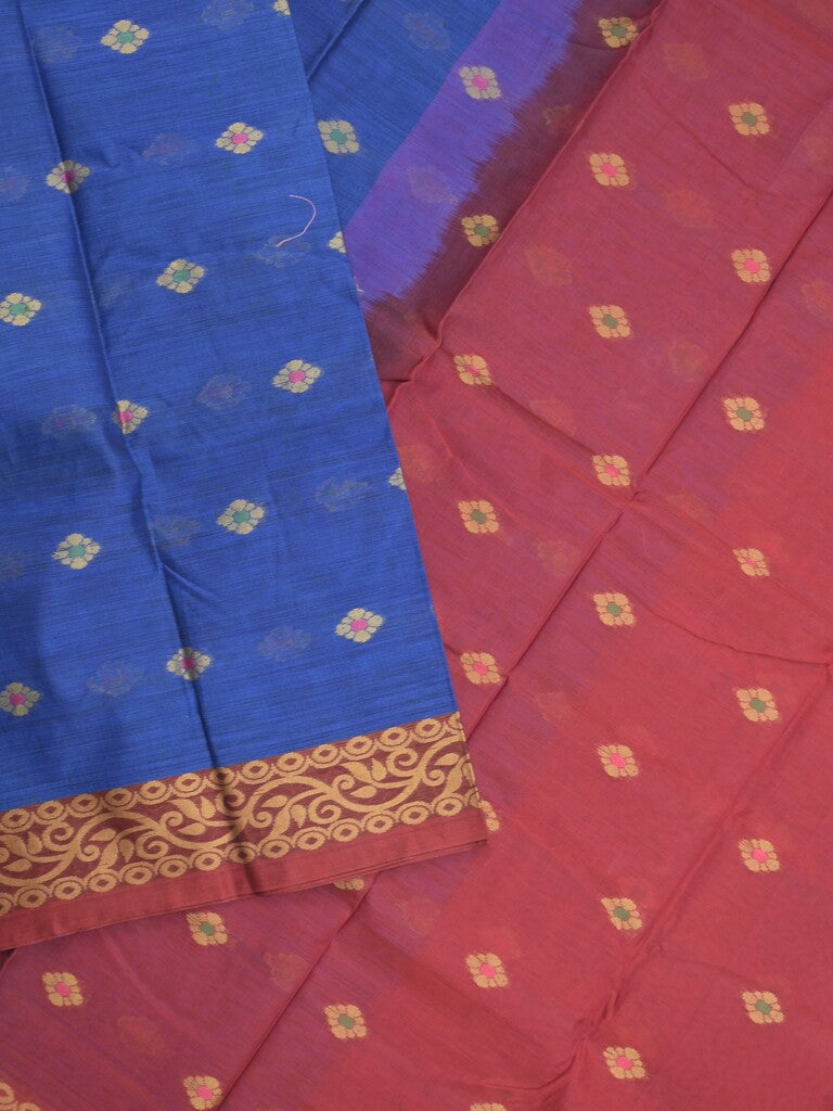Dhaka cotton saree in royal blue color allover motifs with contrast pallu and attached blouse