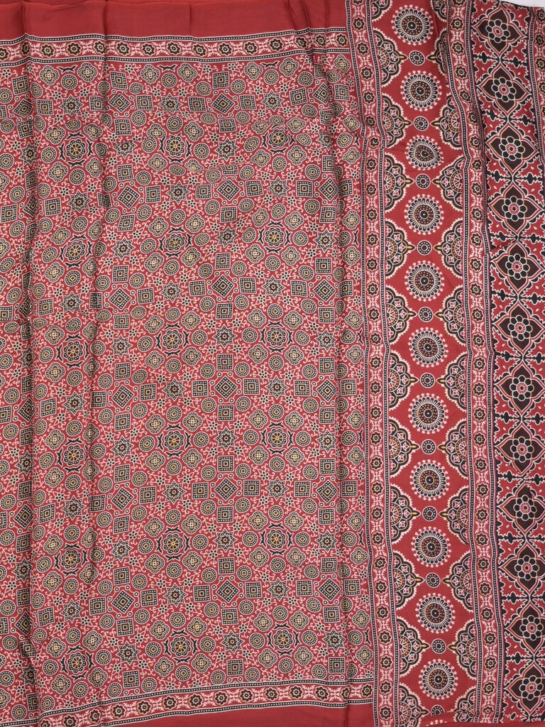Modal silk fancy saree red color allover prints & small kaddi border with zari pallu and printed blouse