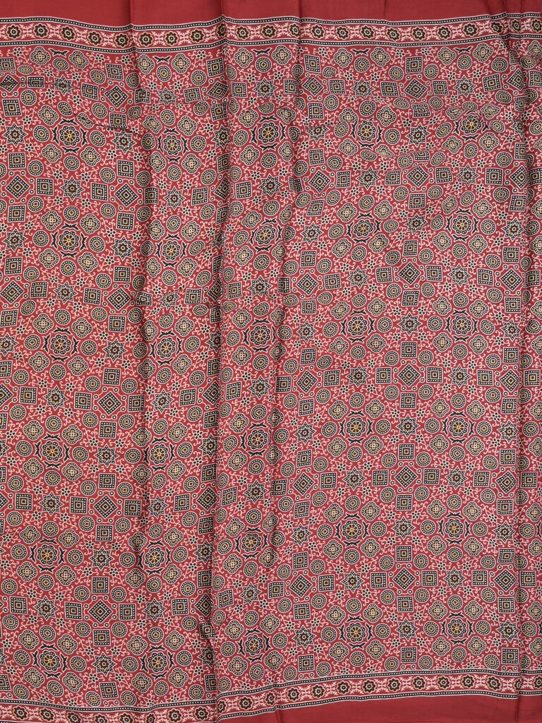 Modal silk fancy saree red color allover prints & small kaddi border with zari pallu and printed blouse