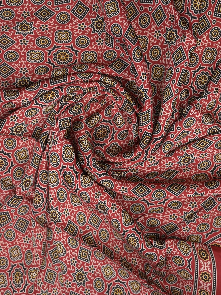 Modal silk fancy saree red color allover prints & small kaddi border with zari pallu and printed blouse
