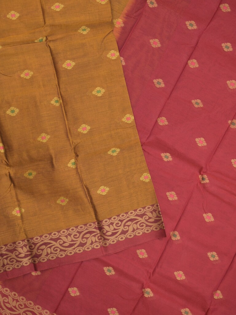 Dhaka cotton saree in mustard yellow color allover motifs with contrast pallu and attached blouse