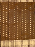 Kanchi pattu saree brown color allover zari motifs & kanchi border with rich pallu and contrast plain blouse