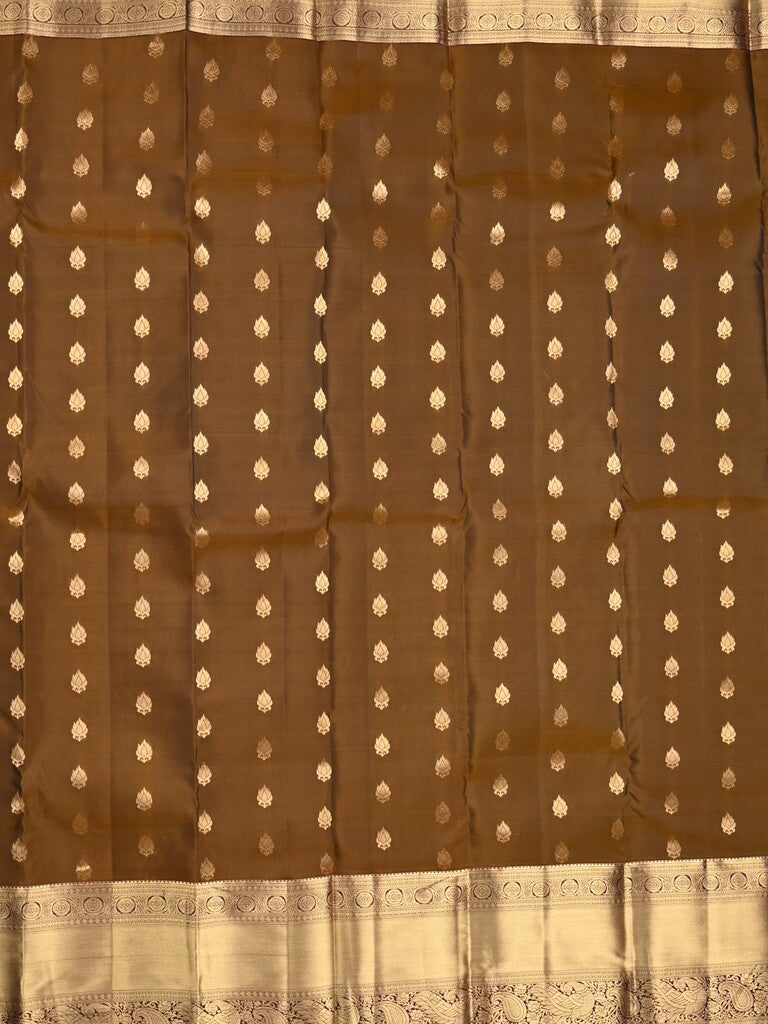 Kanchi pattu saree brown color allover zari motifs & kanchi border with rich pallu and contrast plain blouse