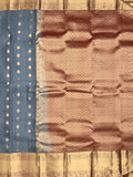 Kanchi pattu saree bluish grey color allover zari motifs & kanchi border with rich pallu and contrast plain blouse