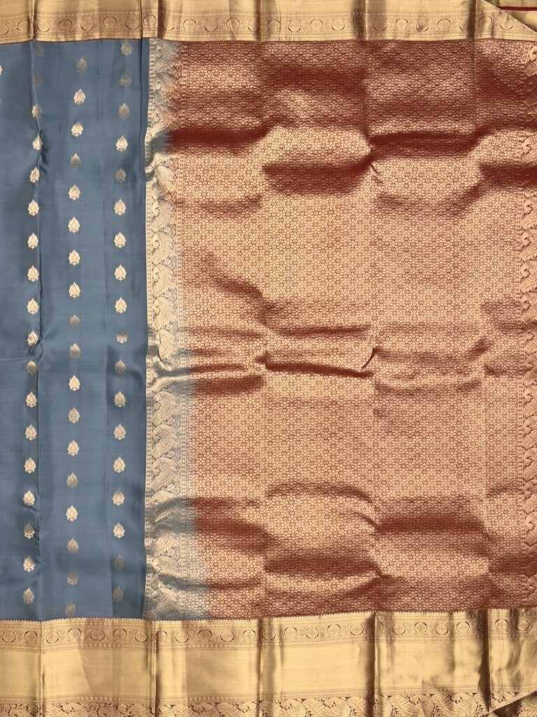 Kanchi pattu saree bluish grey color allover zari motifs & kanchi border with rich pallu and contrast plain blouse