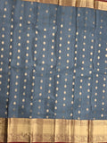 Kanchi pattu saree bluish grey color allover zari motifs & kanchi border with rich pallu and contrast plain blouse