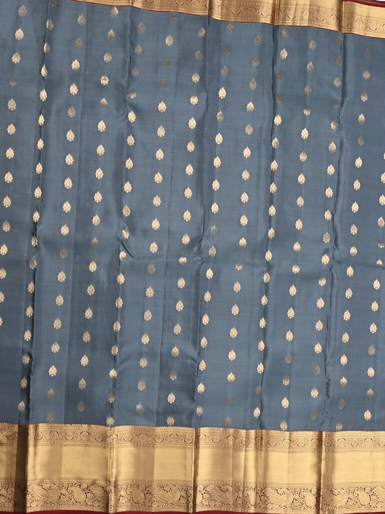 Kanchi pattu saree bluish grey color allover zari motifs & kanchi border with rich pallu and contrast plain blouse