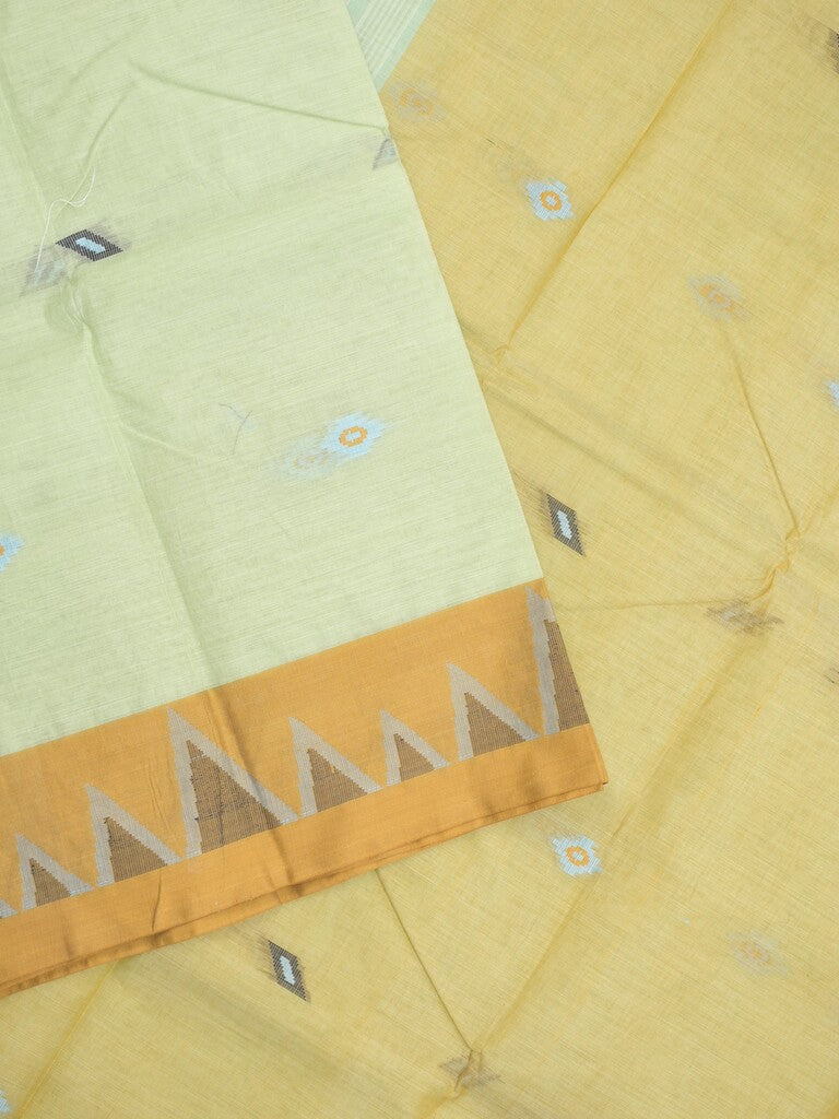 Dhaka cotton saree in pastel green color allover motifs with contrast pallu