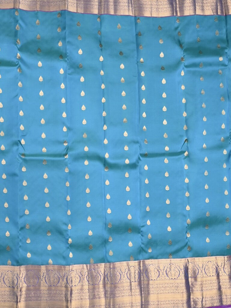 Kanchi pattu saree sky blue color allover zari motifs & kanchi border with rich pallu and contrast plain blouse
