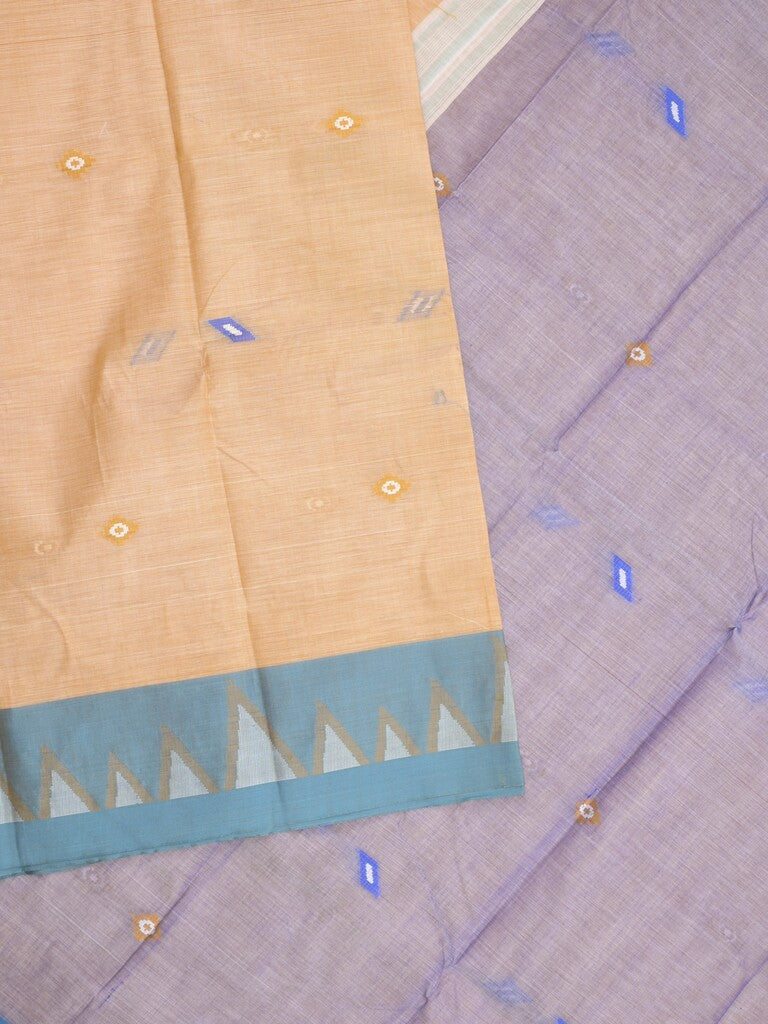 Dhaka cotton saree in peach color allover motifs with contrast pallu