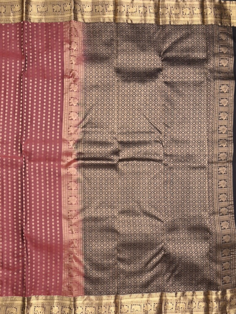 Kanchi pattu saree dark onion pink color allover zari motifs & zari border with rich pallu and contrast plain blouse