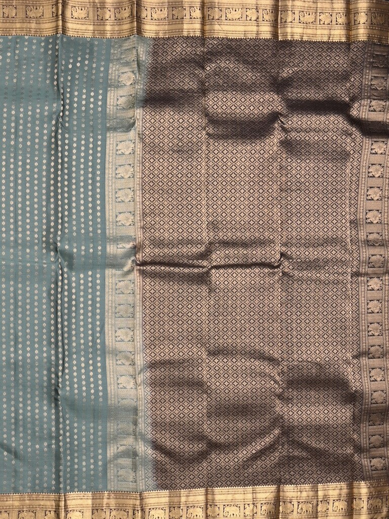 Kanchi pattu saree bluish grey color allover zari motifs & zari border with rich pallu and contrast plain blouse