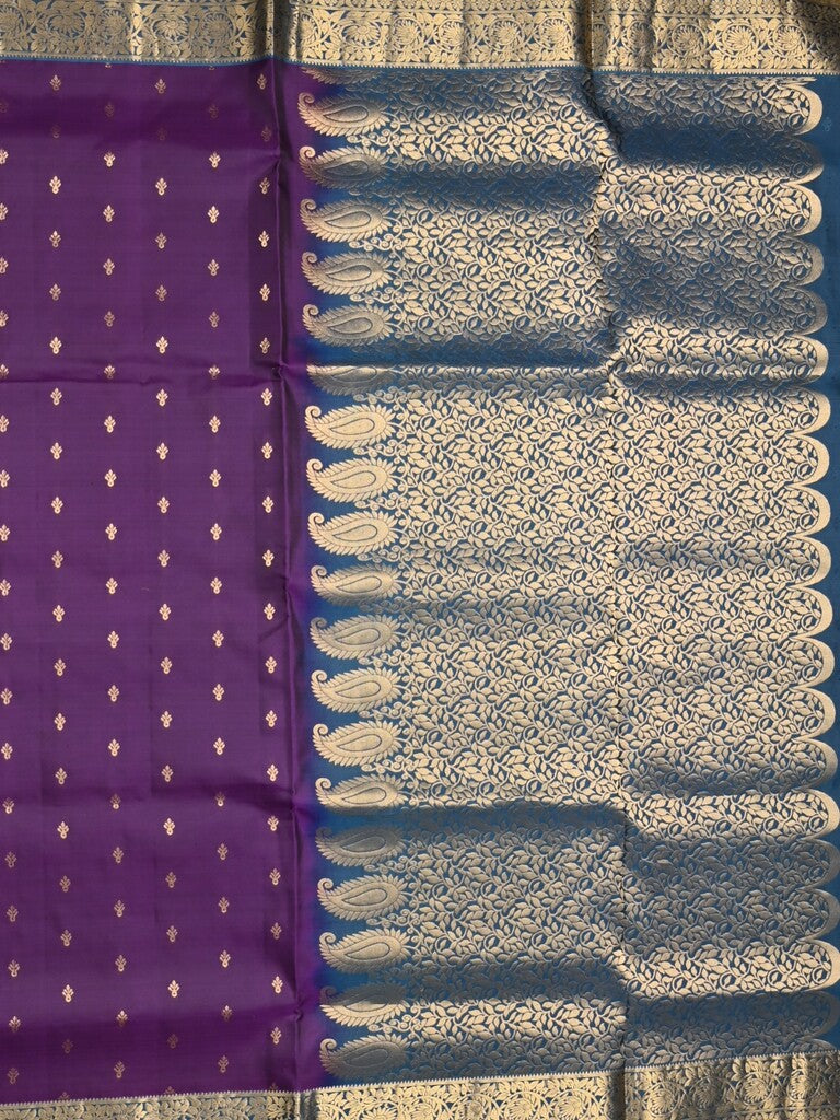 Kanchi pattu saree dark purple color allover zari motifs & zari border with rich pallu and contrast plain blouse