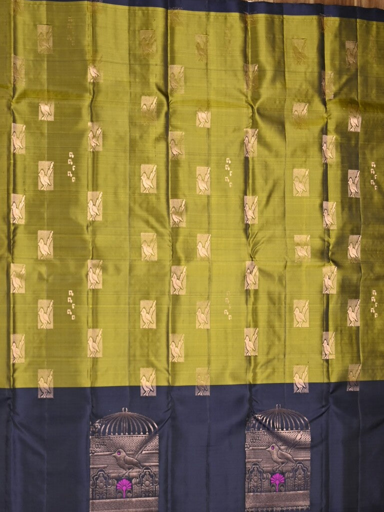 Kanchi pattu saree snuff color allover zari motifs & zari border with rich pallu and contrast plain blouse