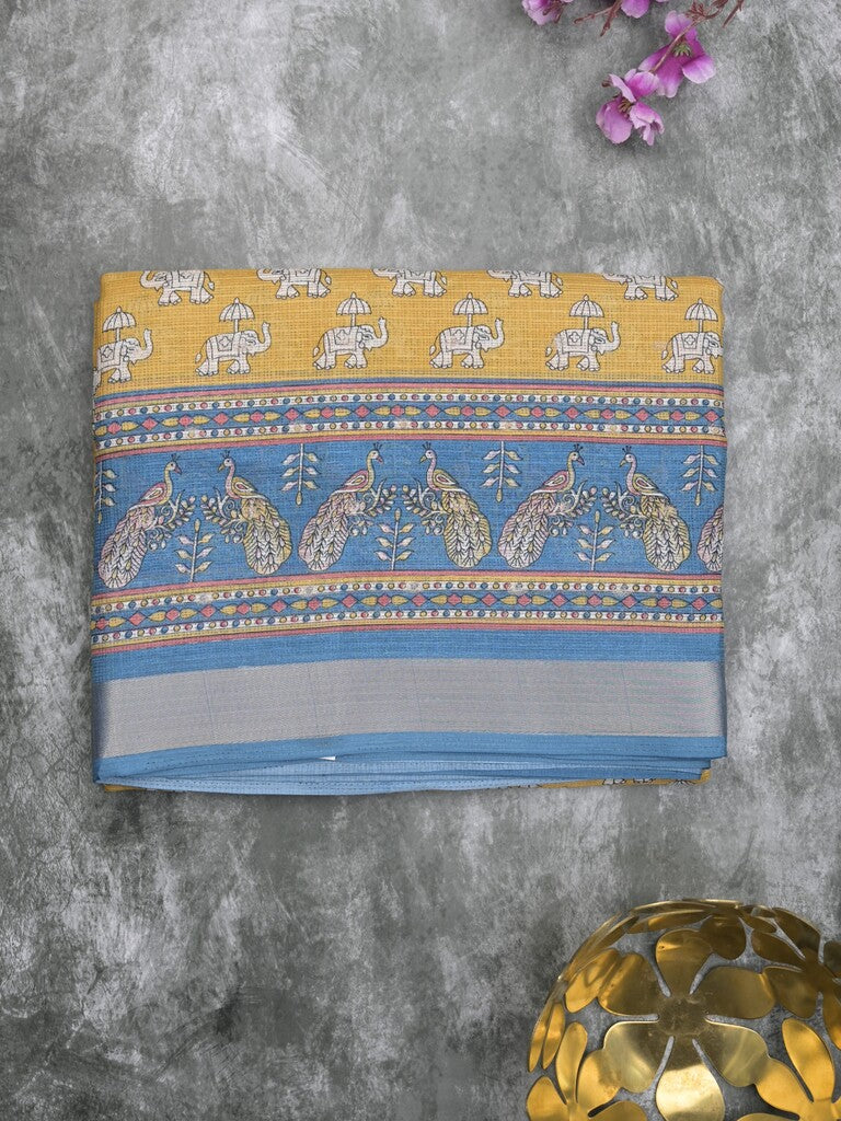 Kota fancy fancy saree light yellow color allover prints & zari border with printed pallu and contrast plain blouse