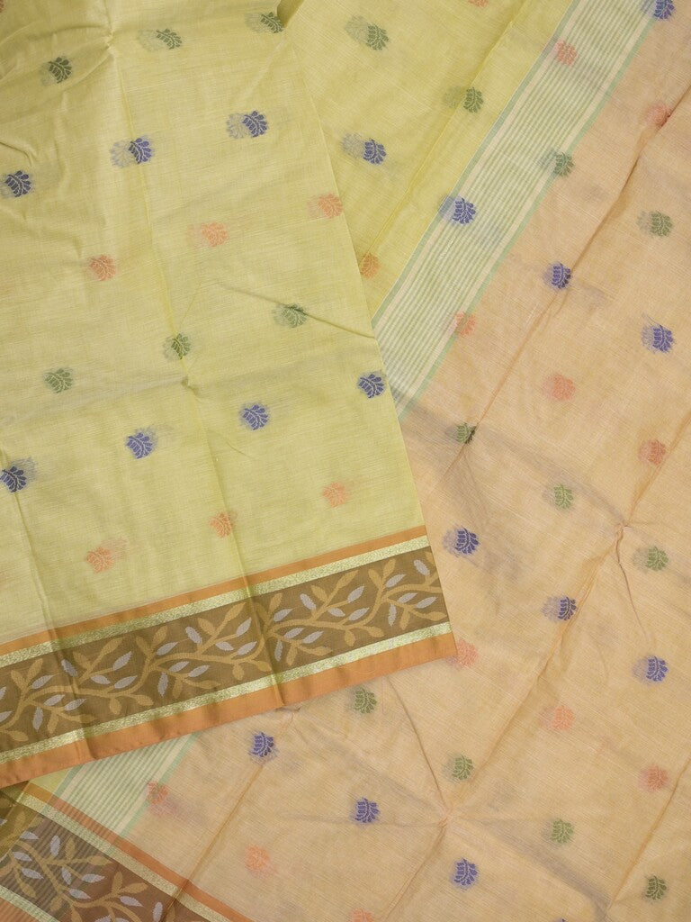 Dhaka cotton saree in light yellow color allover motifs with contrast pallu