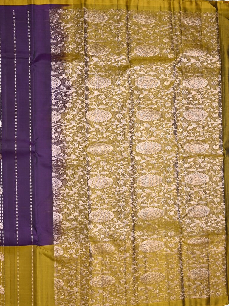 Kanchi pattu saree violet color allover zari motifs & zari border with rich pallu and contrast plain blouse