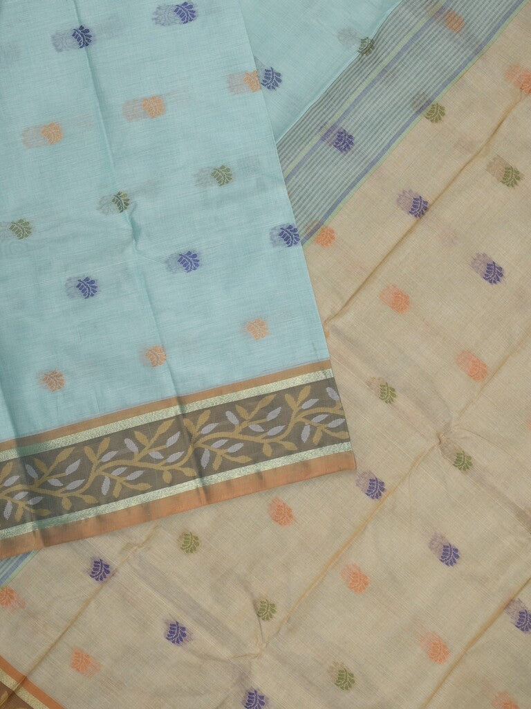 Dhaka cotton saree in light blue color allover motifs with contrast pallu