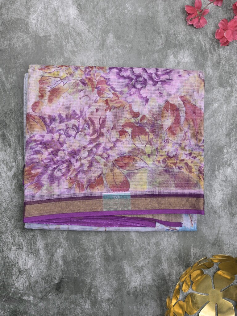 Kota fancy fancy saree half white color allover prints & zari border with printed pallu and contrast plain blouse
