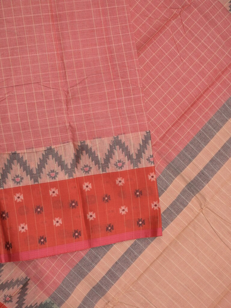 Dhaka cotton saree in red color allover checks with contrast pallu