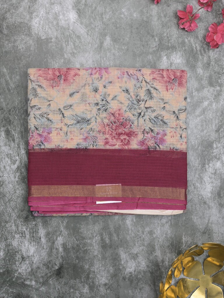 Kota fancy fancy saree light cream color allover prints & zari border with printed pallu and contrast plain blouse