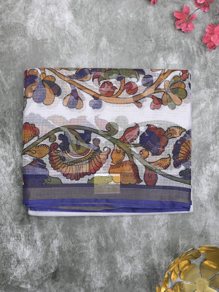 Kota fancy fancy saree white color allover prints & zari border with printed pallu and contrast plain blouse