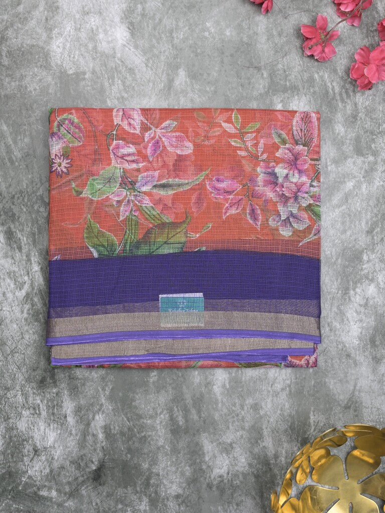 Kota fancy fancy saree orange color allover prints & zari border with printed pallu and contrast plain blouse
