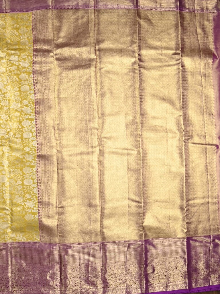 Kanchi pattu saree light yellow color allover zari weaves & kanchi border with rich pallu and contrast blouse