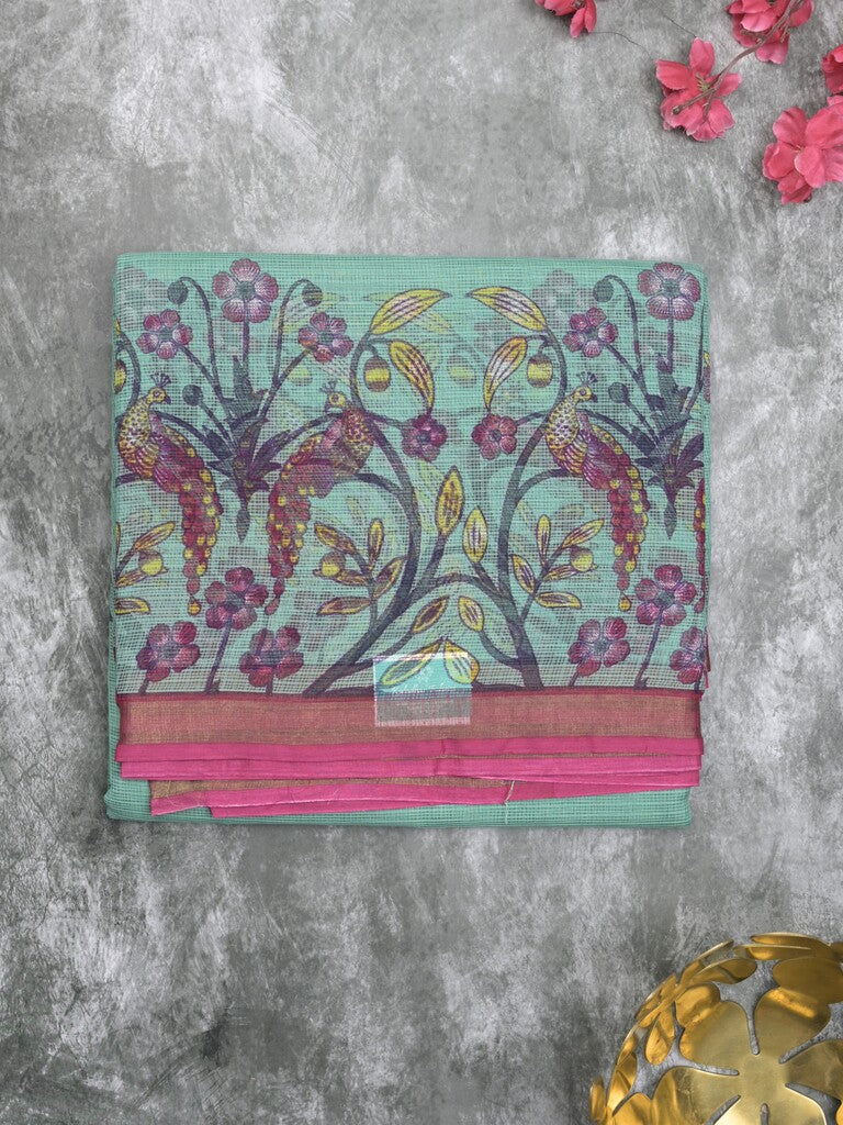 Kota fancy fancy saree lux green color allover prints & zari border with printed pallu and contrast plain blouse