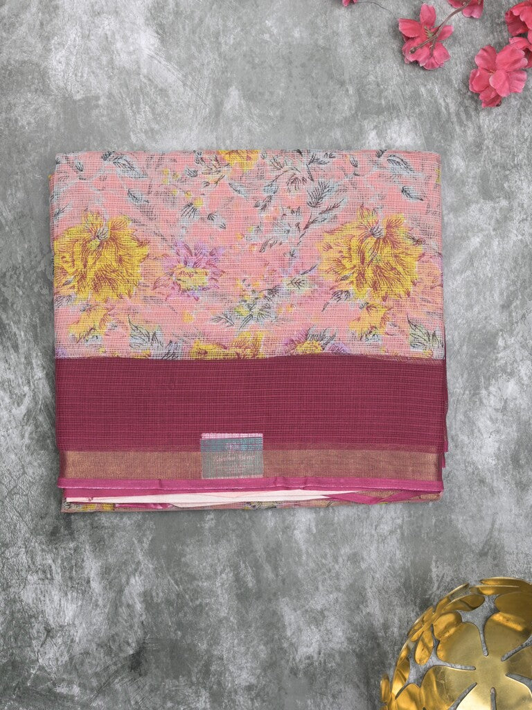 Kota fancy fancy saree baby pink color allover prints & zari border with printed pallu and contrast plain blouse