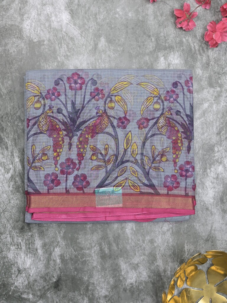Kota fancy fancy saree sea blue color allover prints & zari border with printed pallu and contrast plain blouse