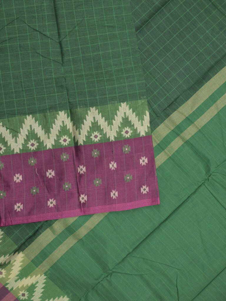 Dhaka cotton saree in dark green color allover checks with contrast pallu