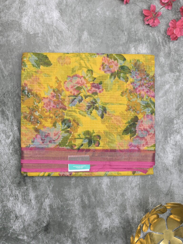 Kota fancy fancy saree bright yellow color allover prints & zari border with printed pallu and contrast plain blouse