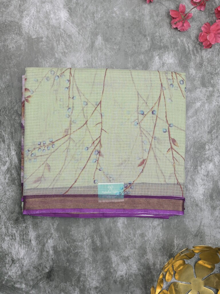 Kota fancy fancy saree light pista green color allover prints & zari border with printed pallu and contrast plain blouse