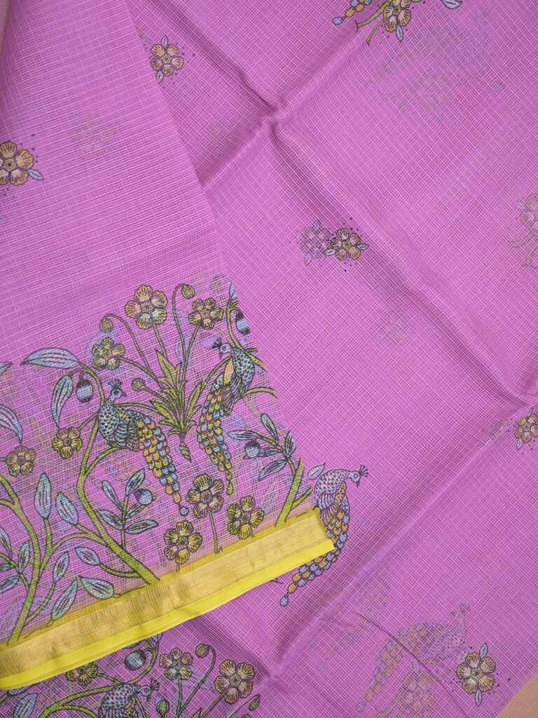 Kota fancy fancy saree purple color allover prints & zari border with printed pallu and contrast plain blouse