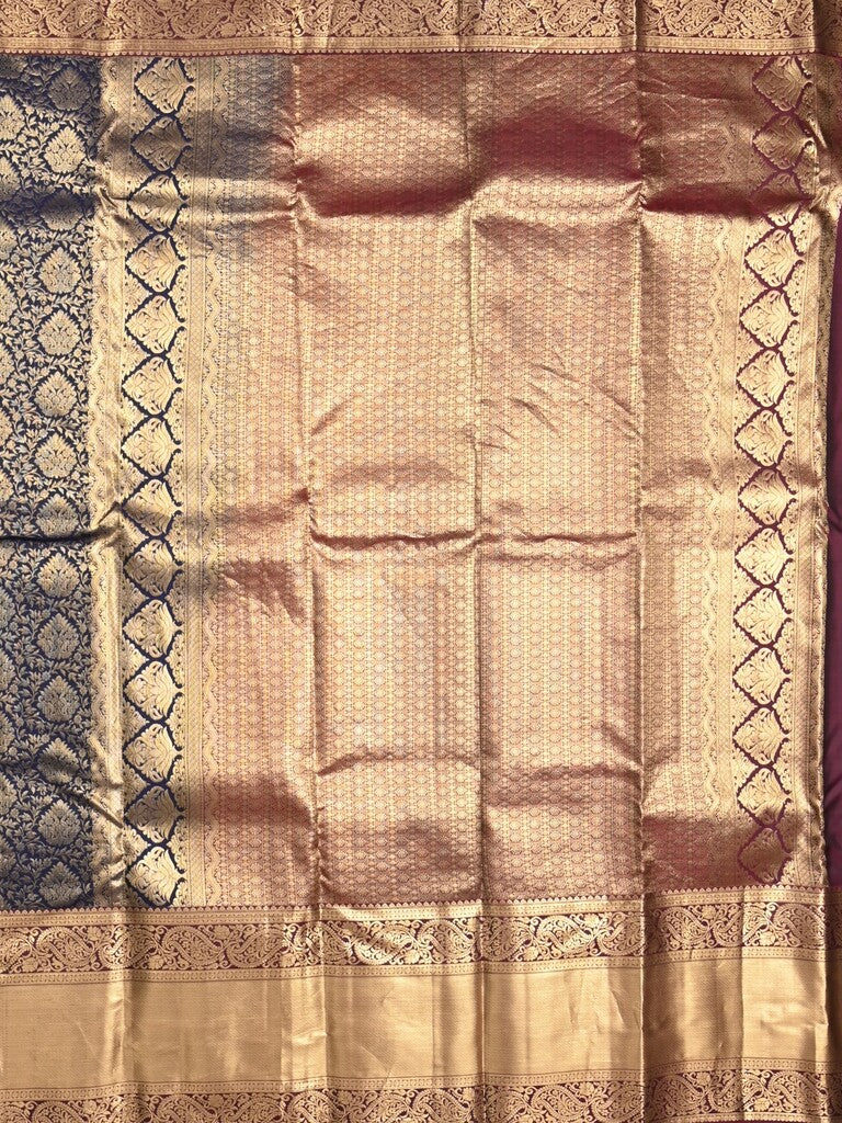 Kanchi pattu saree dark blue color allover zari weaves & kanchi border with rich pallu and contrast blouse