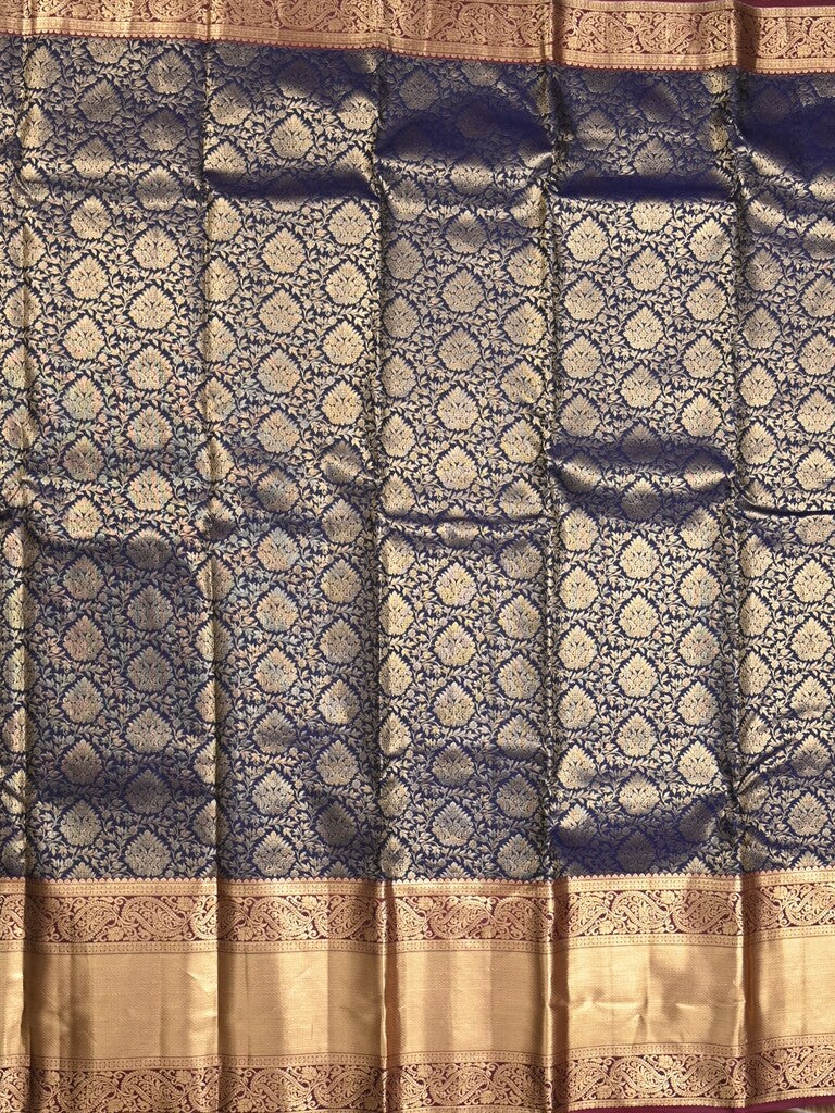 Kanchi pattu saree dark blue color allover zari weaves & kanchi border with rich pallu and contrast blouse
