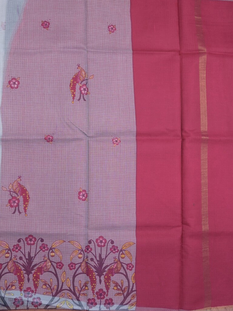 Kota fancy fancy saree sea blue color allover prints & zari border with printed pallu and contrast plain blouse