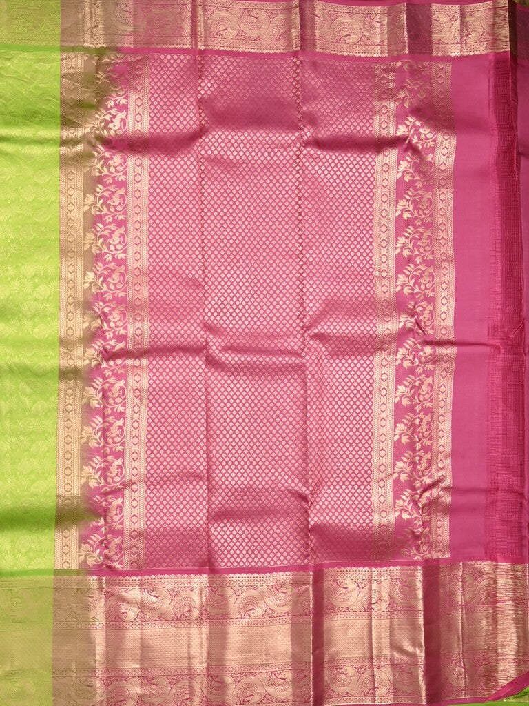 Kanchi pattu saree parrot green color allover zari weaves & kanchi border with rich pallu and contrast blouse