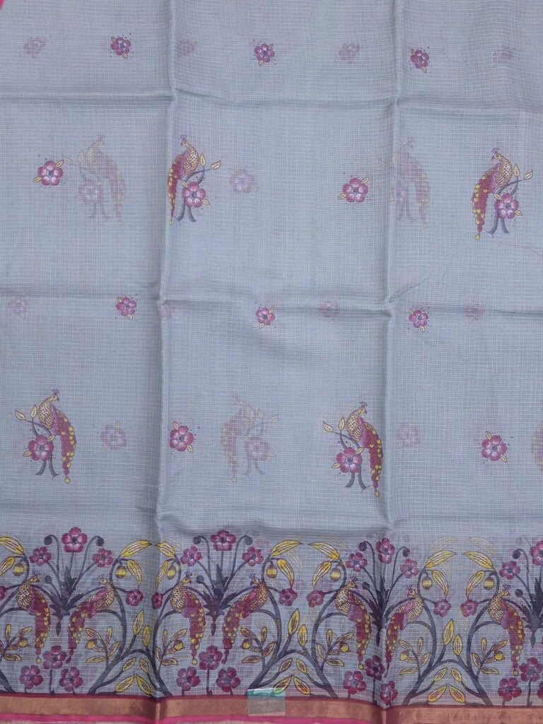 Kota fancy fancy saree sea blue color allover prints & zari border with printed pallu and contrast plain blouse