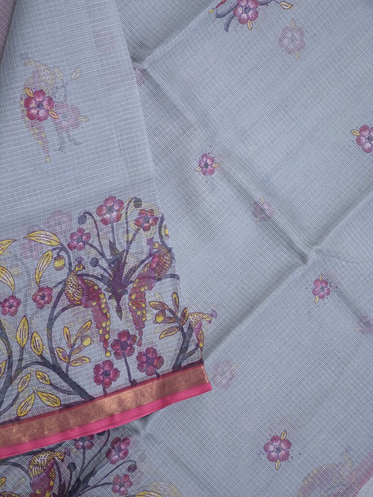 Kota fancy fancy saree sea blue color allover prints & zari border with printed pallu and contrast plain blouse