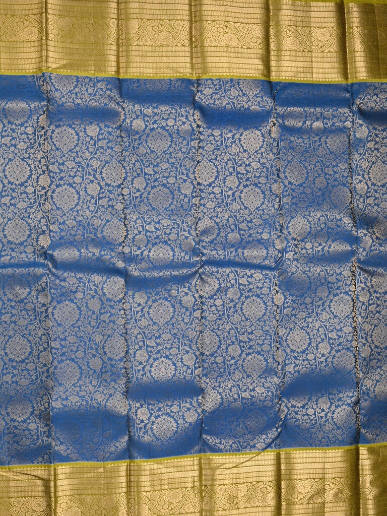 Kanchi pattu saree peacock blue color allover zari weaves & kanchi border with rich pallu and contrast blouse