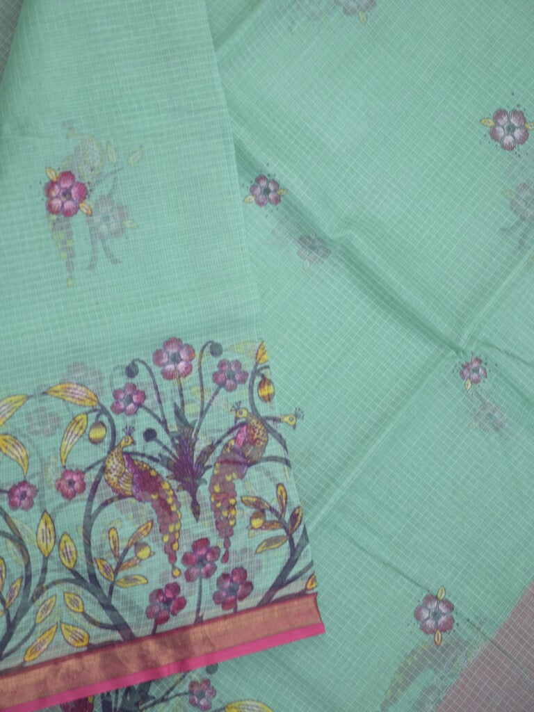Kota fancy fancy saree lux green color allover prints & zari border with printed pallu and contrast plain blouse