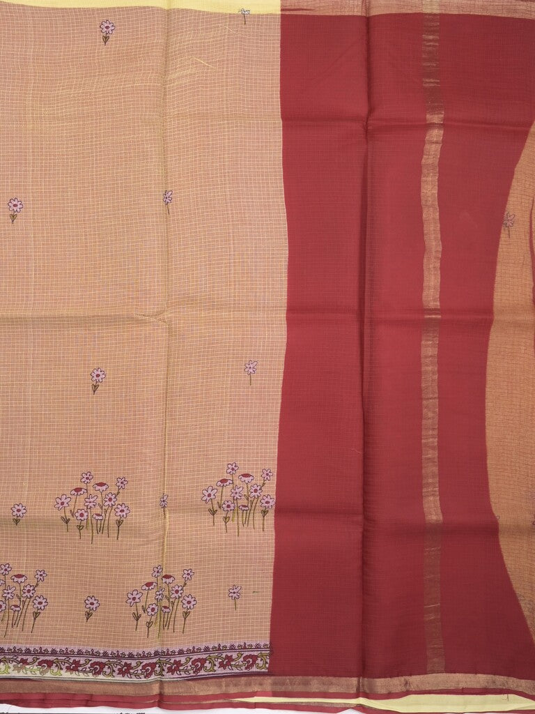 Kota fancy fancy saree light yellow color allover prints & zari border with printed pallu and contrast plain blouse